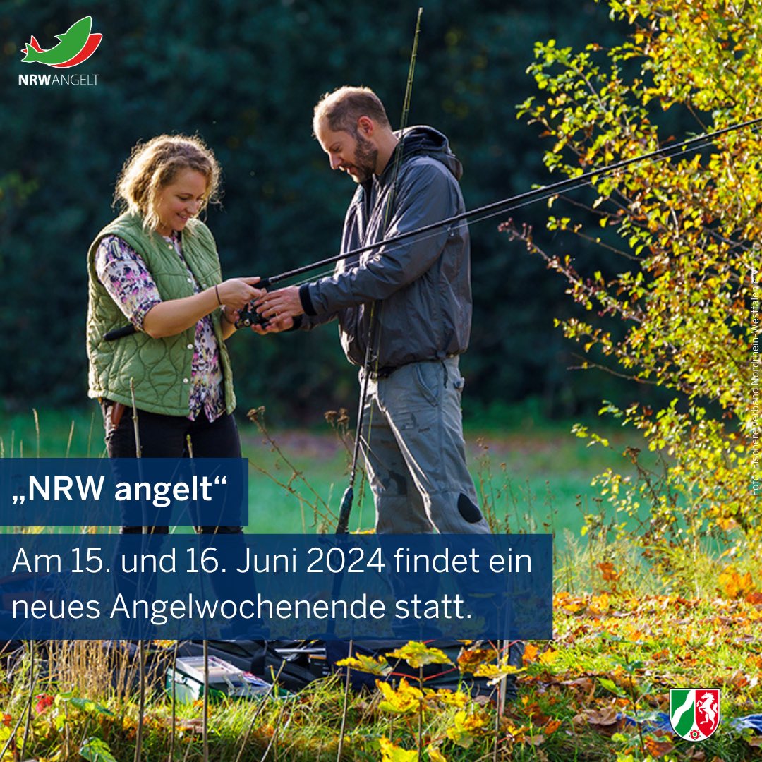 Fischerei-Freunde aufgepasst! Am 15.&16. Juni 2024 findet erstmalig ein Angelwochenende „NRW angelt“ statt. Interessierte können in Begleitung eines ausgebildeten Anglers an über 100 Orten in #NRW erste praktische Angelerfahrungen sammeln 🎣 Weitere Infos👉nrw-angelt.de