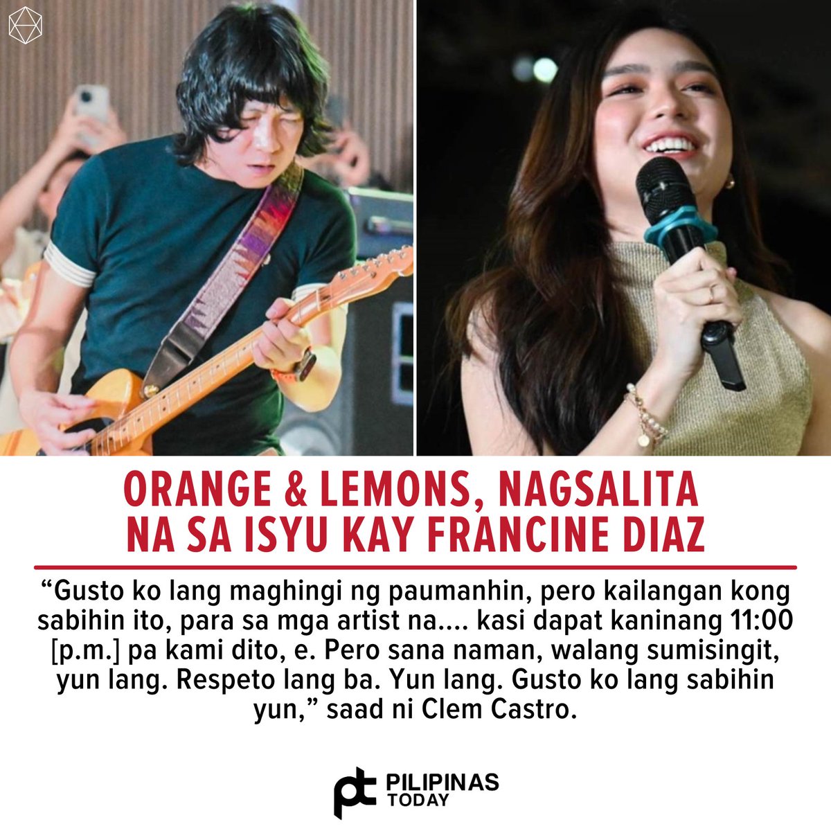 Ibinuhos ng lead guitarist ng Orange and Lemons na si Clem Castro ang kanyang sama ng loob tungkol sa nangyaring pagsingit umano ni Francine Diaz sa isang event.

#PilipinasToday
#FrancineDiaz
#Orange&Lemons