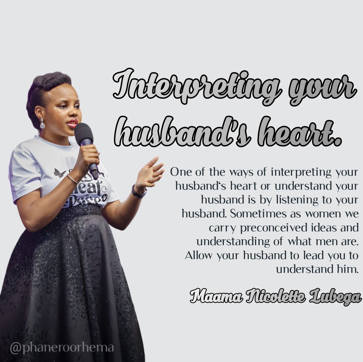 Interpreting your husband's heart. 

One of the ways of interpreting your husband's heart or understand your husband is by listening to your husband. Allow your husband to lead you to understand him.

Ap. Grace Lubega
#PhanerooRhema
#MyGreatPrice2024 
#PhanerooApp