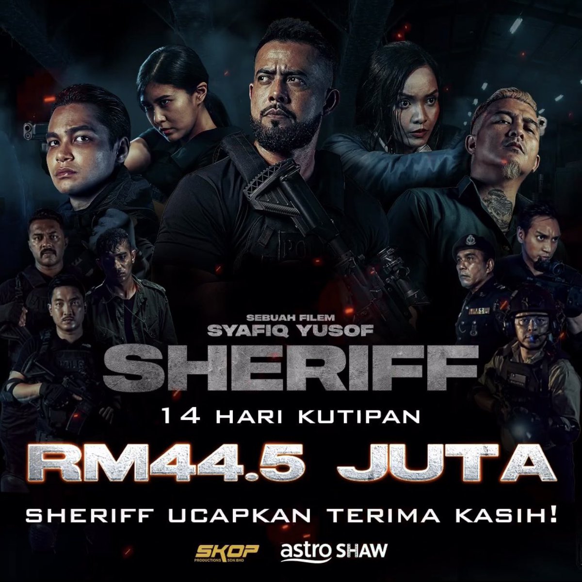 Tahniah atas kejayaan filem #Sheriff yang mengutip RM44.5 juta dalam tempoh 14 hari. Setakat ini #Sheriff berada di kedudukan keempat dalam senarai kutipan filem Malaysia tertinggi sepanjang zaman.