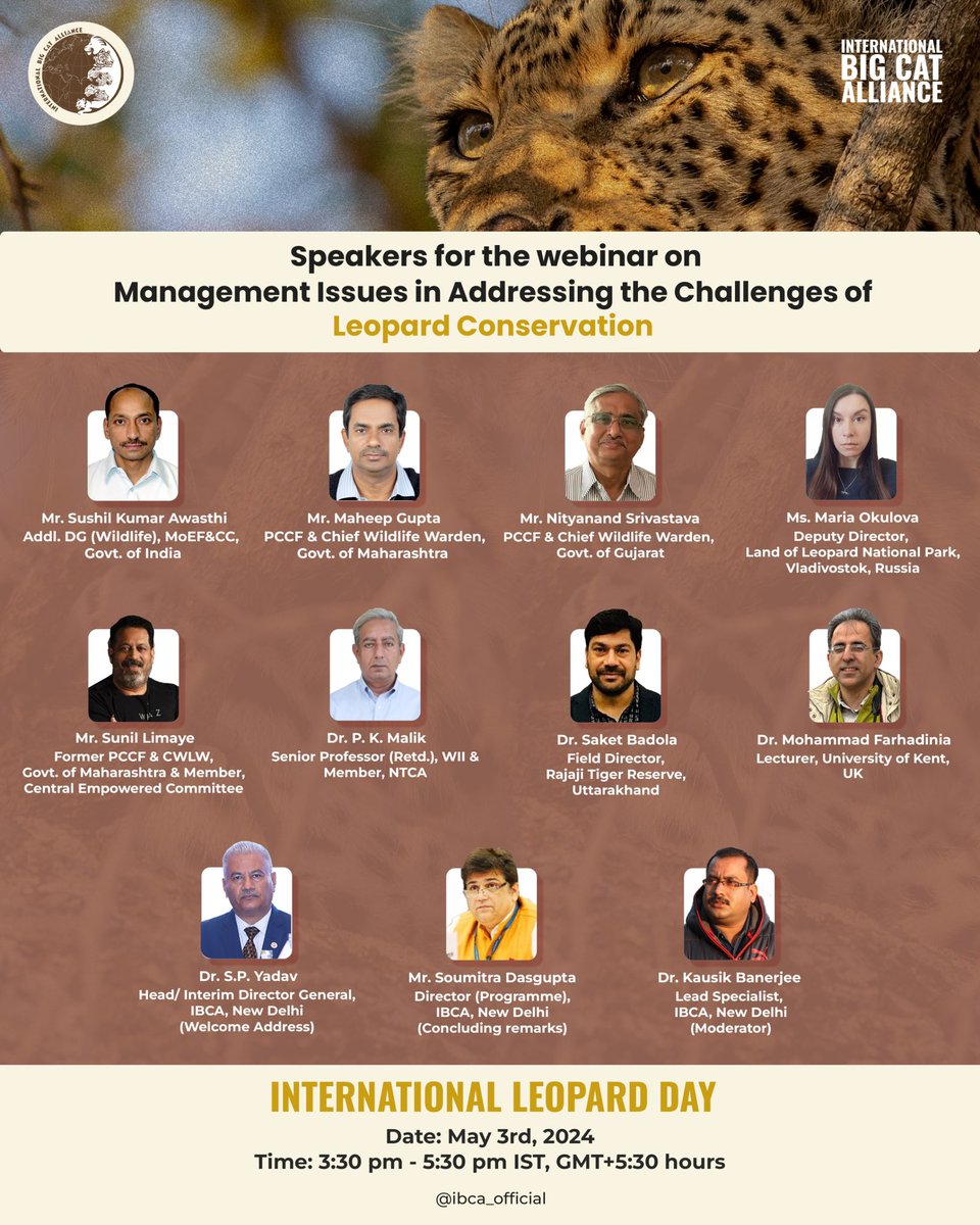 IBCA is hosting a webinar on ‘Management Issues in Addressing Challenges of #LeopardConservation.’

Join in for a thought-provoking discussion with a distinguished panel of speakers.

🗓️ 3 May, 2024 
🕞 3:30 PM - 5:30 PM IST, GMT +5:30
🔗meet.google.com/jfk-byzh-haa

#IBCAForLeopard