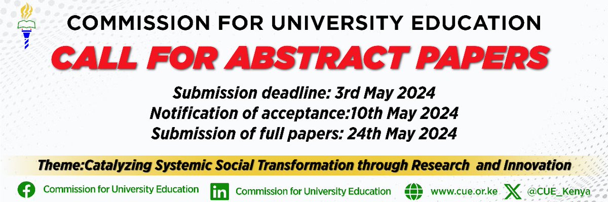 Hurry! Abstract submission closes in just 1 day. Don't miss out—submit your work now! Deadline: 3rd May 2024.

#4thBiennialconference
#researchandinnovation
#kenyanuniversities
#qualityuniversityeducation
#qualityouragenda
