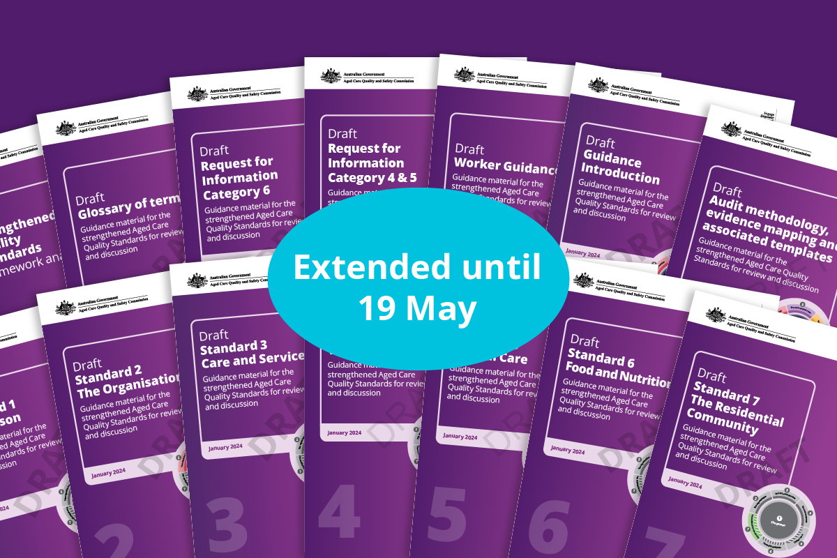 📢 Calling all stakeholders! We have extended the public consultation period for the strengthened Aged Care Quality Standards draft guidance to 19 May 2024. Check them out: agedcarequality.gov.au/get-involved/c… #ACQSC #AgedCare #Quality #Standards #Feedback