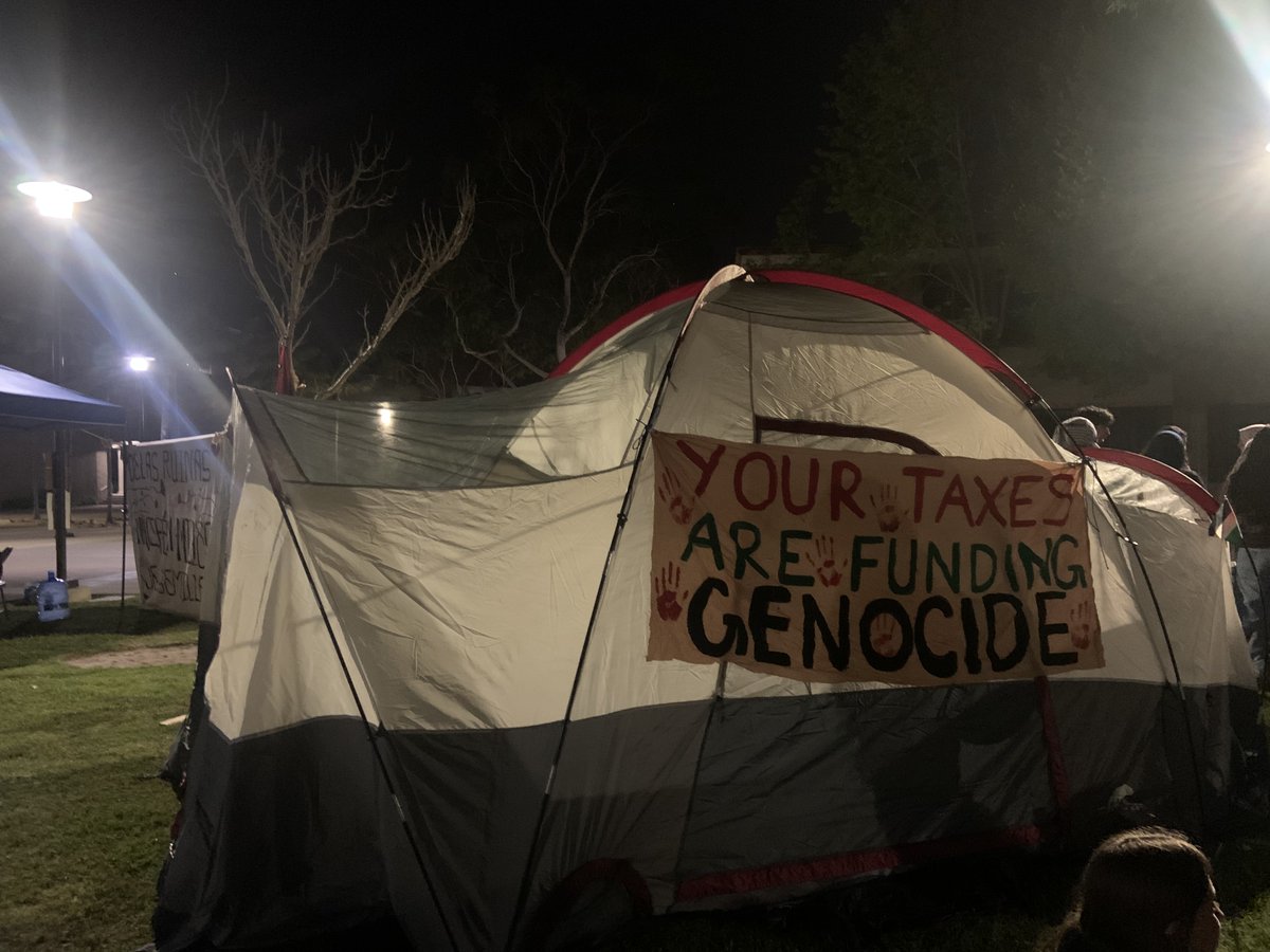 dailynexus's tweet image. As of 10:30 p.m., the encampments remain peaceful and the group is stocked with perishable foods and medical supplies. Several participants intend to stay overnight, and a media spokesperson said the encampments will stay put for at least a few days.