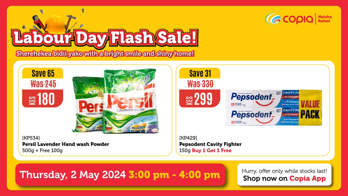 🥳LABOUR DAY celebrations zinaendelea huku kwetu!! Sherehekea bidii yako with a bright smile and shiny home today. #COPIAFLASHSALE inahappen from 3PM-4PM -  kujia hii mali safi kwa bei ya kufagia at bit.ly/3HVWgea or on our website! #CopiaApp #PlugWaNguvu