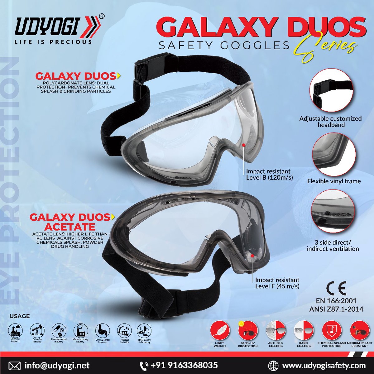 Say goodbye to compromises and hello to innovation with our latest Galaxy Duos goggles. Engineered for ultimate protection and comfort, these goggles are your shield against hazards while keeping you looking sharp on the job.
#Udyogi #EyeProtection #GalaxyDuos #safetyatwork