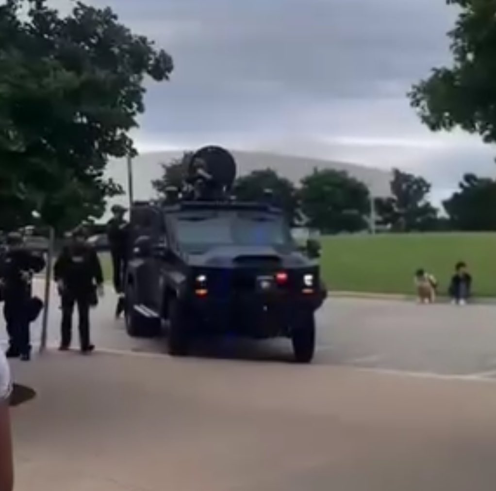Dallas Swat pulled up with a military grade Lenco truck to arrest and attack students at UTD today. this thing is built to withstand IEDs, grenades and assault rifles. it was used against STUDENTS.
