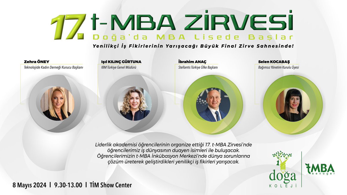 Liderlik akademisi öğrencilerimizin organize ettiği 17. t-MBA Zirvesi’nde öğrencilerimiz iş dünyasının duayen isimleri ile buluşacak. Öğrencilerimizin t-MBA İnkübasyon Merkezi’nde dünya sorunlarına çözüm üreterek geliştirdikleri yenilikçi iş fikirleri yarışacak. #Doğadatmba