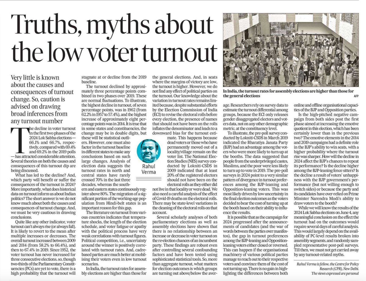 On Causes & Consequences of Voter Turnout Change - No three Lok Sabha elections in a row witnessed turnout increase/ decline - most reasons cited for decline, have very little empirical basis - group-wise turnout matters more in shaping outcome Link: bit.ly/4a82EdX
