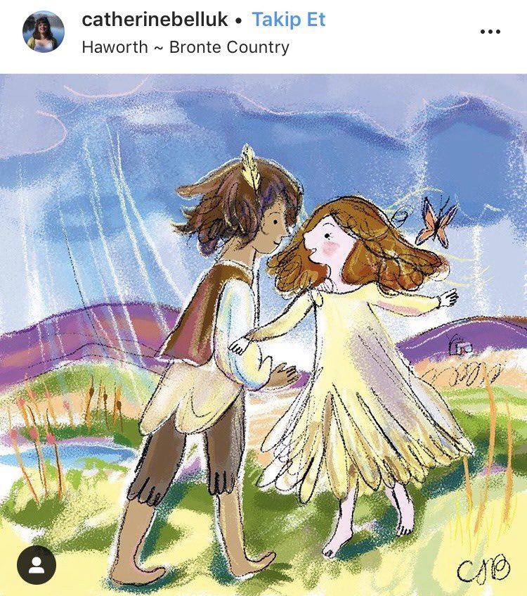 This is so cute, I imagine that the feather on H’s head is from the birds he killed: “This feather was picked up from the heath, the bird was not shot: we saw its nest in the winter, full of little skeletons. Heathcliff set a trap over it, and the old ones dared not come.”