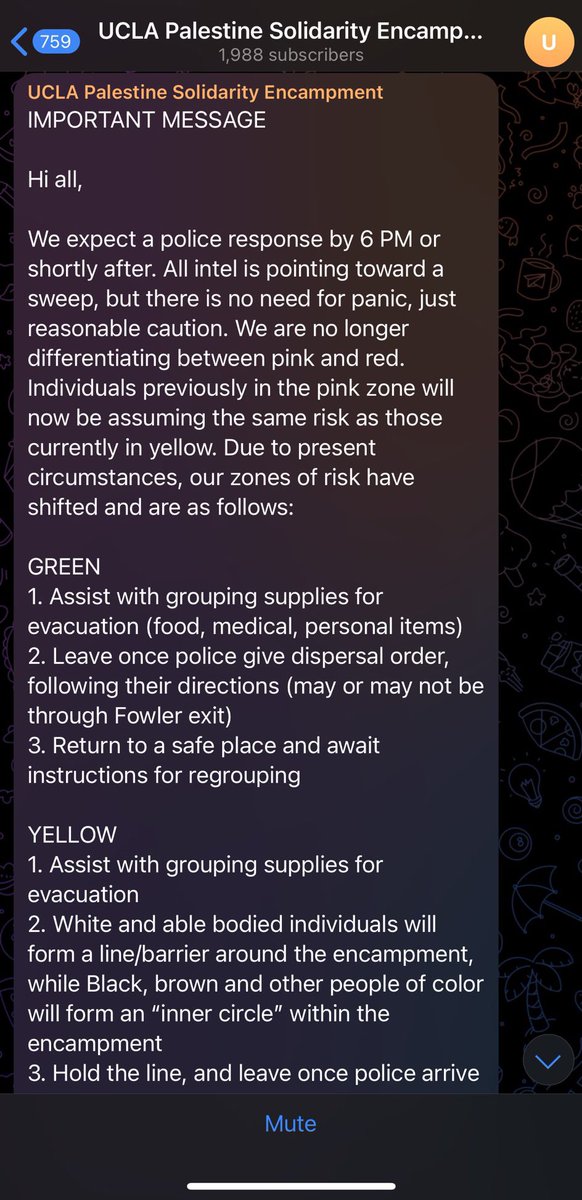 .@UCLA — The far-left extremist members of the Gaza encampment are posting instructions to their members on how to respond when or if the LAPD breaks up their violent occupation. Whites are told to be human body shields for people of color.