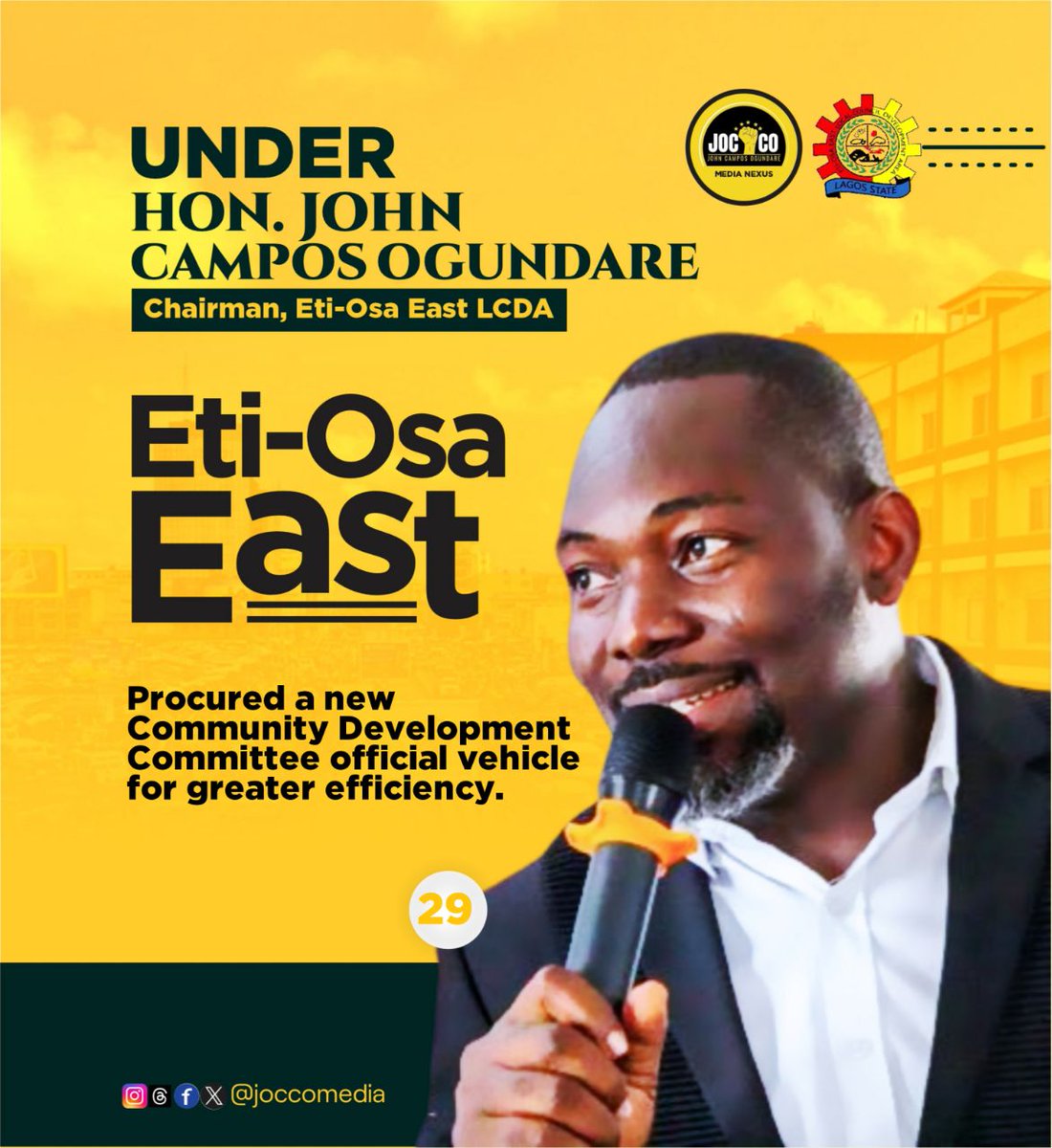 Episode 35

Attached is a flyer of what Eti-Osa East has done under the leadership of Hon. John Ogundare Campos. 

Watch out for more! 

#transportation&procurement
#evidencedey
#JoccoIsWorking 
#expectmore

Jocco Media Nexus