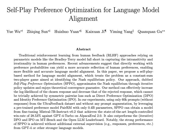 Self-Play Preference Optimization for Language Model Alignment

Traditional reinforcement learning from human feedback (RLHF) approaches relying on parametric models like the Bradley-Terry model fall short in capturing the intransitivity and irrationality in human preferences.