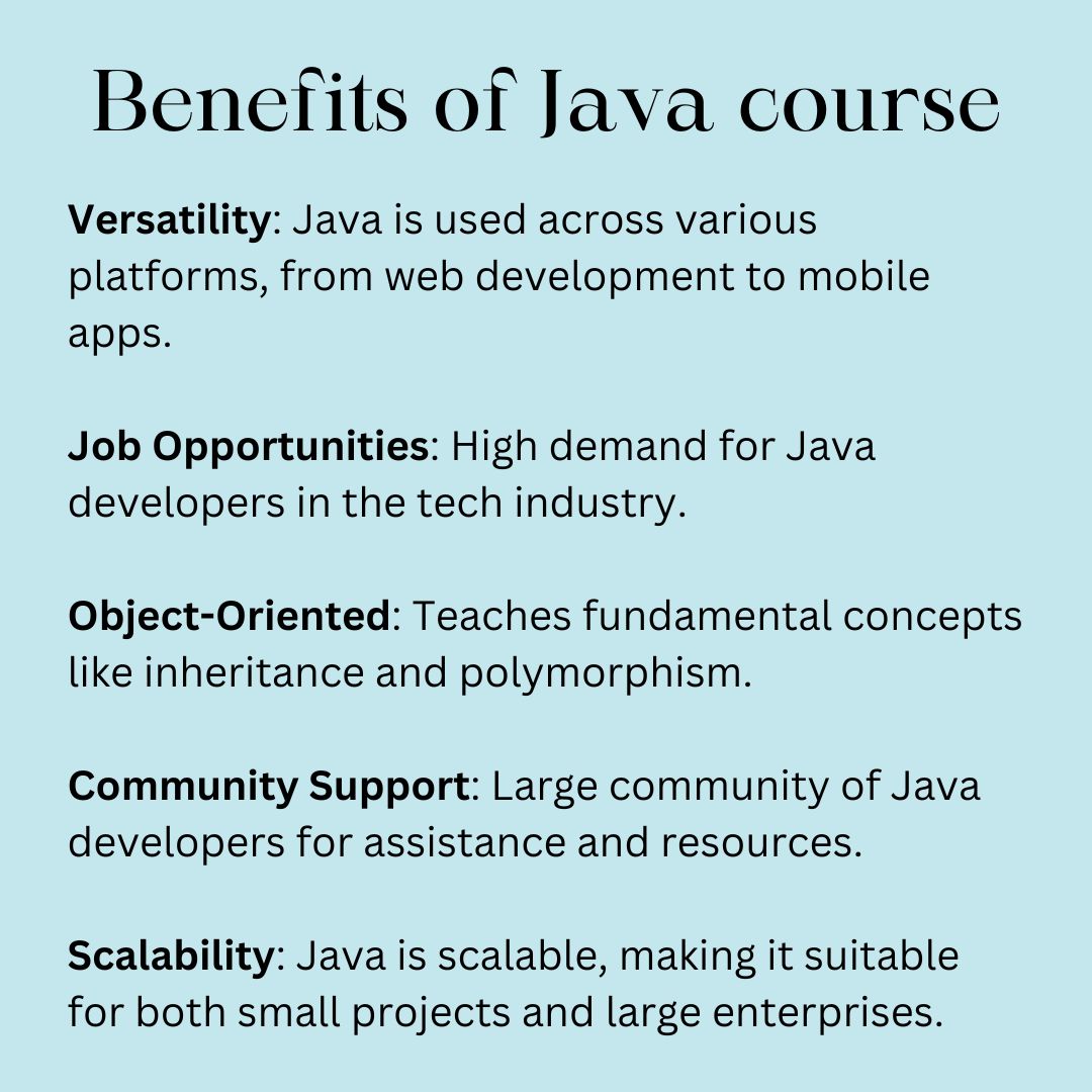 Unlock endless possibilities with a Java course! 🚀 Embrace versatility, job opportunities, and scalability. #JavaCourse #TechCareer #LearnToCode 📚