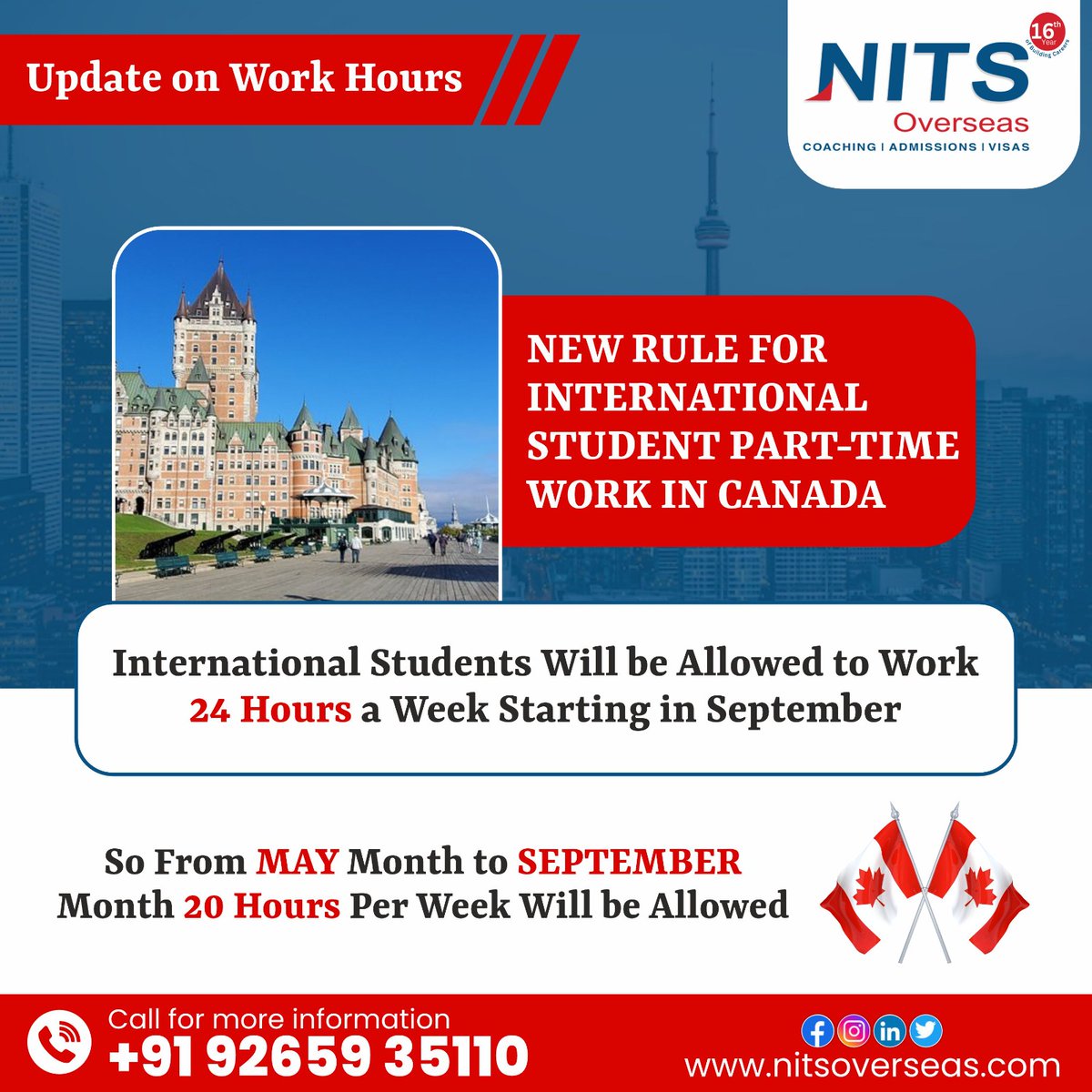 📢 Good news for international students in Canada!
The new rule allows 24 hours of work per week starting in September. Make sure to follow the guidelines for May to September where 20 hours per week are permitted.
 Please contact us:
+91 9265935110
#nitsoverseas #studyabroad
