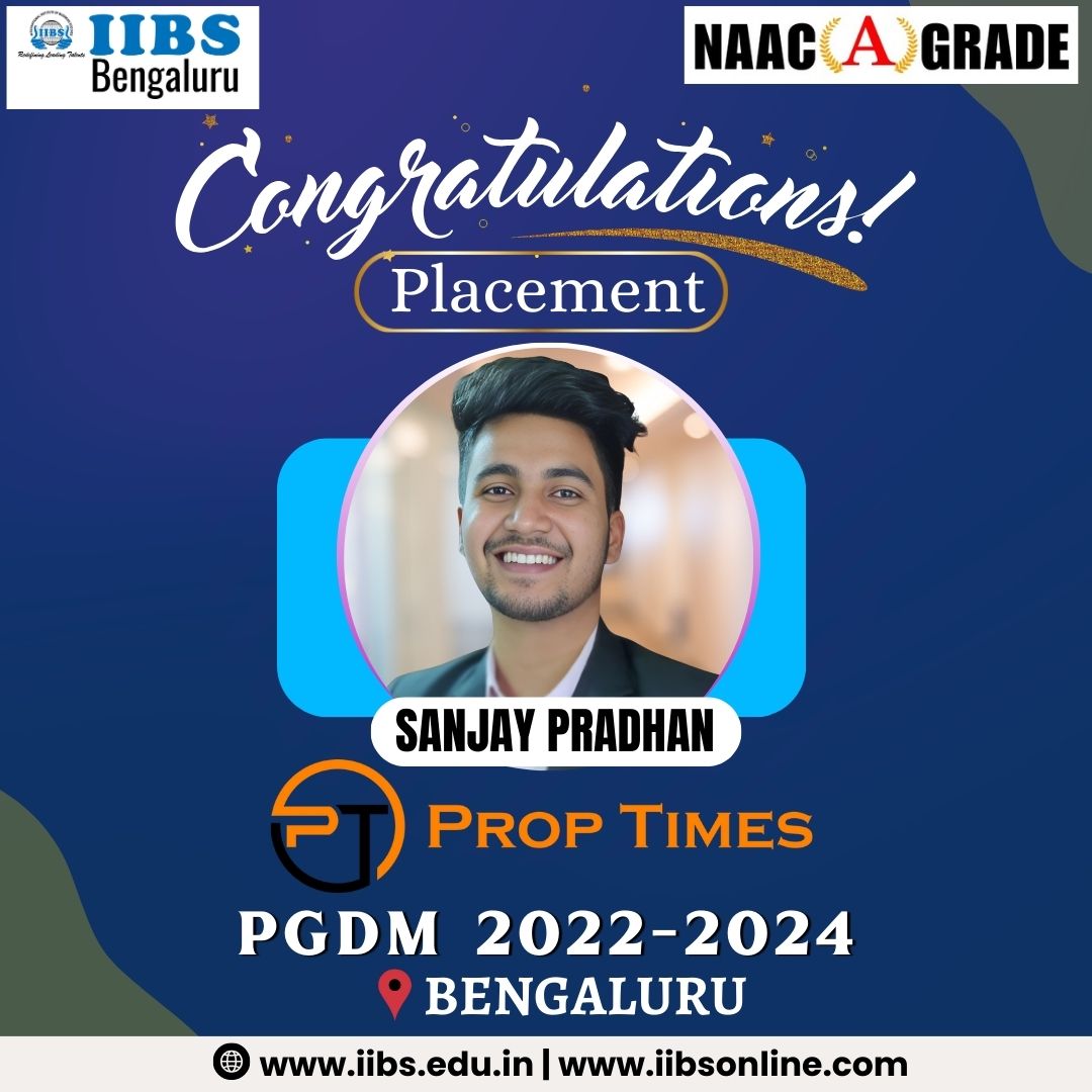 'Congratulations to Sanjay Pradhan from the #PGDM 2022-2024 batch at IIBS Bengaluru for securing a placement at Prop Times! Wishing you a future brimming with learning and numerous accomplishments.'

#Placement #SuccessStory #PropTimes #Bengaluru  #NewBeginnings #Achievements