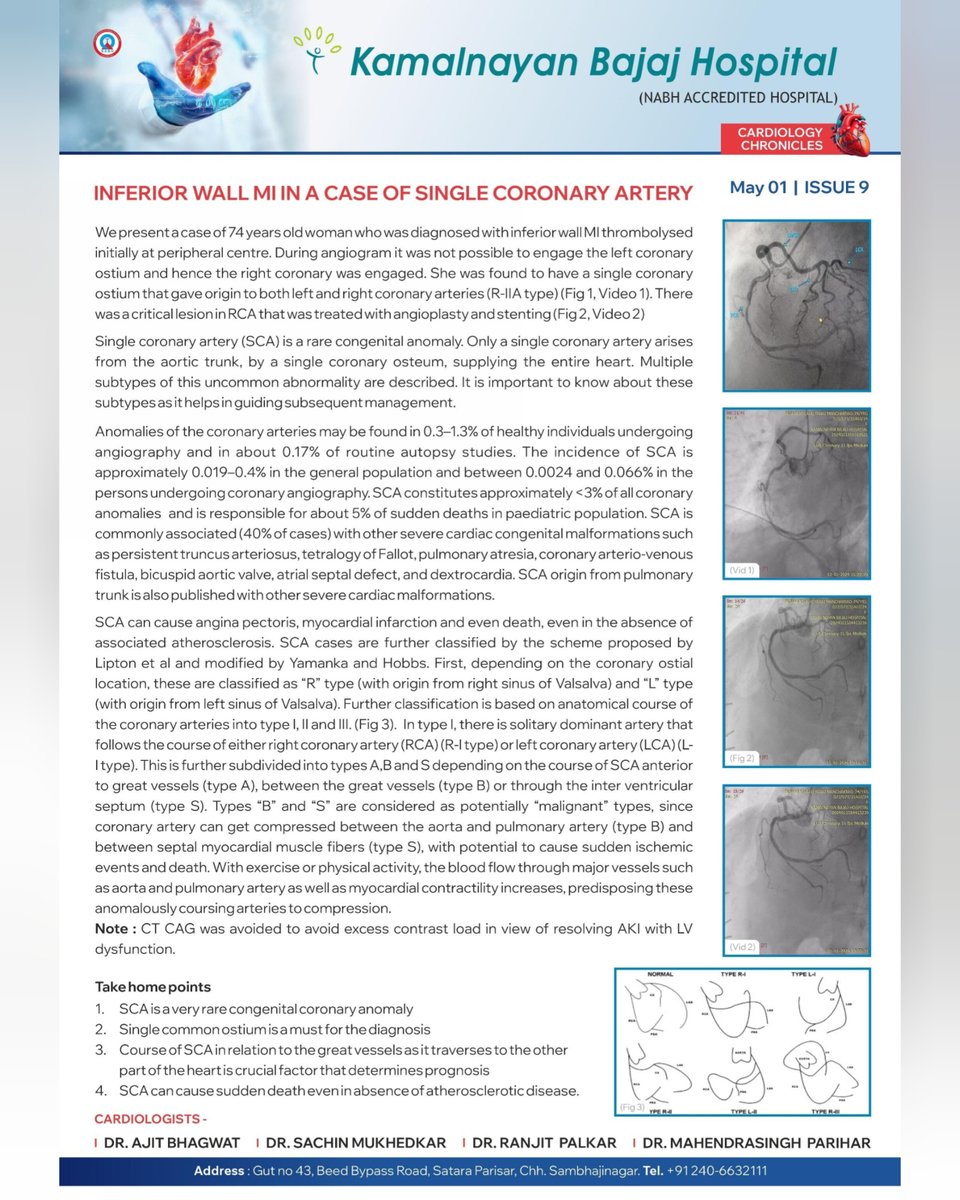 Thrilled to share a breakthrough at Kamalnayan Bajaj Hospital's Cardiology Chronicles!

Main Topic: Success of Angioplasty and Stenting for “Inferior Wall Myocardial Infarction (MI) in a Case of Single Coronary Artery”
#centerofexcellence #cardiology #angioplasty #stenting #heart
