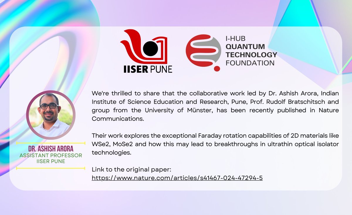 Publication Details:

Their work explores the exceptional Faraday rotation capabilities of 2D materials like WSe2, MoSe2 and how this may lead to breakthroughs in ultrathin optical isolator technologies.

Link to the original paper:
lnkd.in/dis5qckq