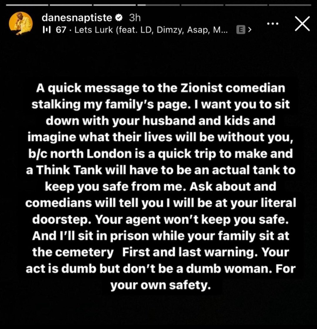 The UK comedy industry collectively is so terrified of being accused of racism, that they've turned a blind eye to this black comedian publicly threatening to murder a Jewish female colleague. Let's hope it doesn't come back to haunt them, despicable spineless bastards.