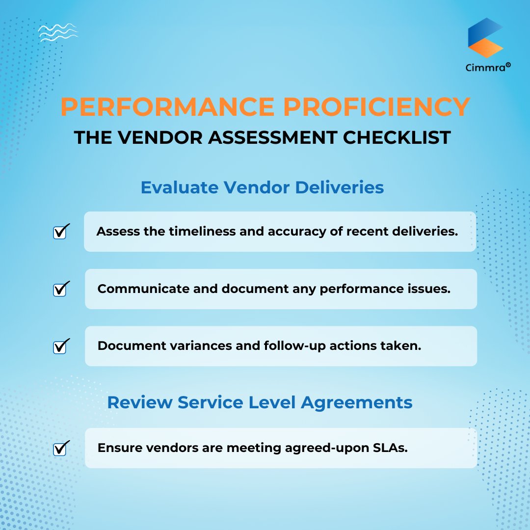 CimmraOfficial's tweet image. Stay ahead of the curve with our Vendor Assessment Checklist! ⏱️ From timely deliveries to SLA compliance, this tool ensures seamless collaboration and performance excellence. 📈
#VendorManagement #OptimizedOperations #VendorAssessment #SLACompliance #PerformanceProficiency