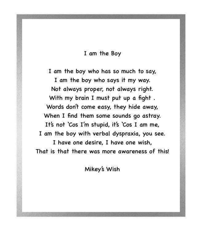 May 1st marks the beginning of Verbal Dyspraxia/ Apraxia awareness month. 

I think Mikey's Wish - Verbal Dyspraxia Awareness says it perfectly 💙🌈

#teamisaac 
#friendsofisaacs
#donationsmakeadifference #HelpingUsHelpOthers