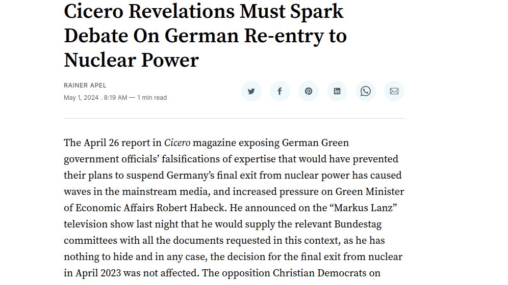 The documents and the work of a special investigation committee must serve to restart a debate on Germany’s re-entering nuclear power—restarting the three reactors shut down in April 2023... eir.news/2024/05/news/c…