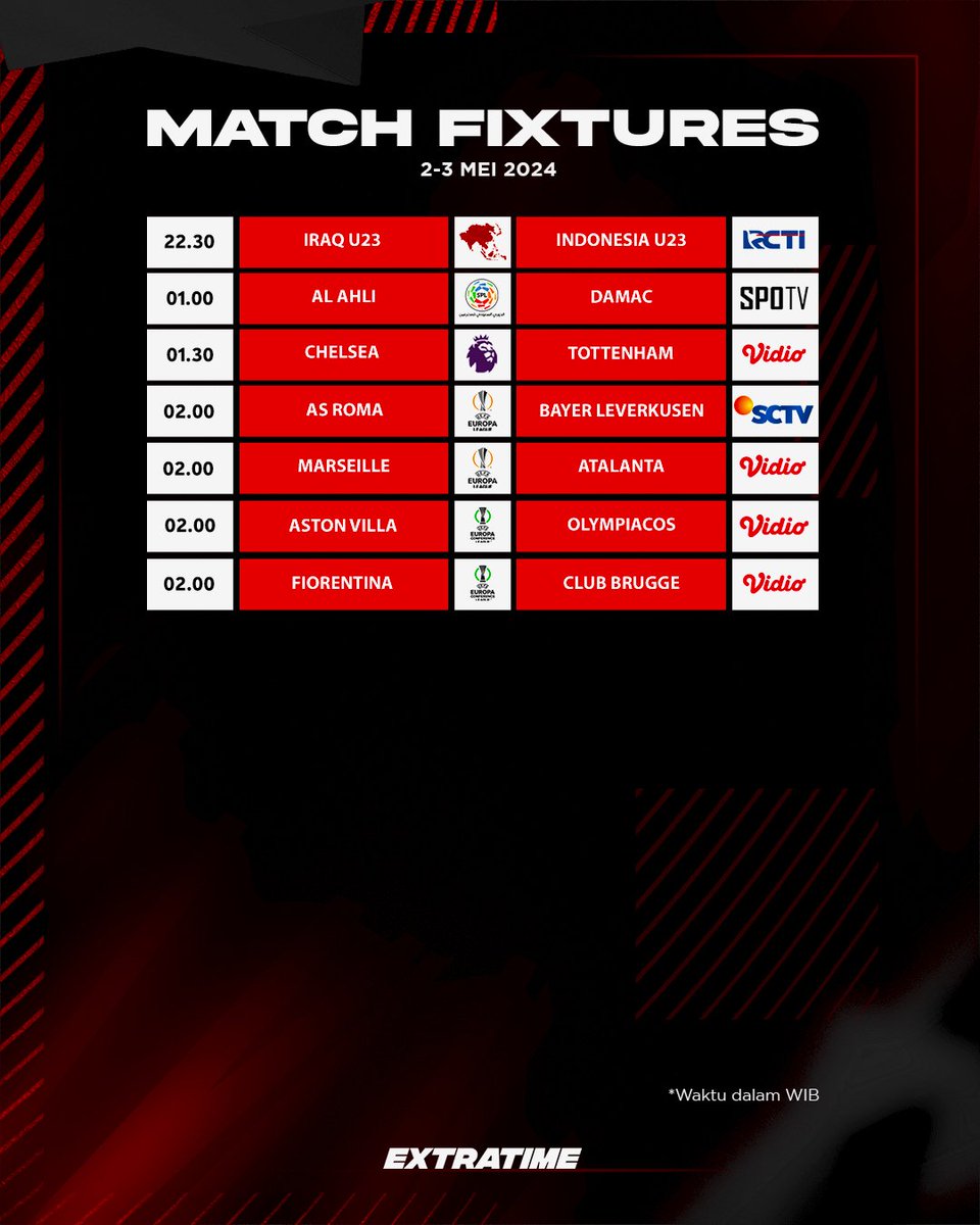 #JadwalBolaET Malam Ini! 22.30 | Iraq v Indonesia - RCTI 01.30 | Chelsea v Tottenham - Vidio 02.00 | Roma v Leverkusen - SCTV Kanan atau kiri wib? 🤔