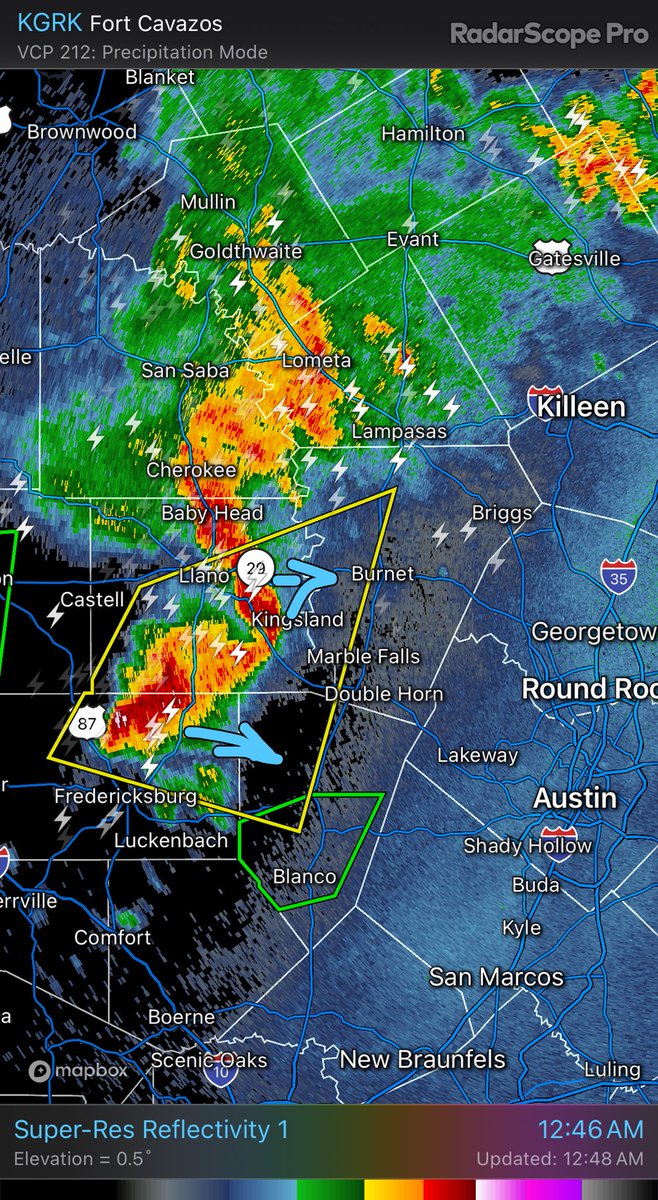 12:50 AM Update Strong line of storms currently moving near Lake Buchanan towards Burnet/Blanco Co. Torrential rain, lightning, strong winds and hail possible as it moves east. #txwx