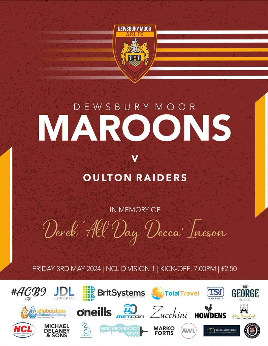 📅 Friday 3rd May 🏆 @OfficialNCL Division One ⏰ 7pm 👕 @DewsMoorOpenAge 🆚️ @RaidersOulton 🏟 Heckmondwike Road, WF13 3NU #ILoveRugbyLeagueMe #Mols2 #thumbsupforfreddie #RememberRycroft