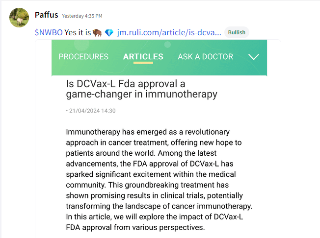 #dcvax $nwbo #gbm 

Is DCVax-L Fda approval a game-changer in immunotherapy
• 21/04/2024

Immunotherapy has emerged as a revolutionary approach in cancer treatment, offering new hope to patients around the world. Among the latest advancements, the FDA approval of DCVax-L has…