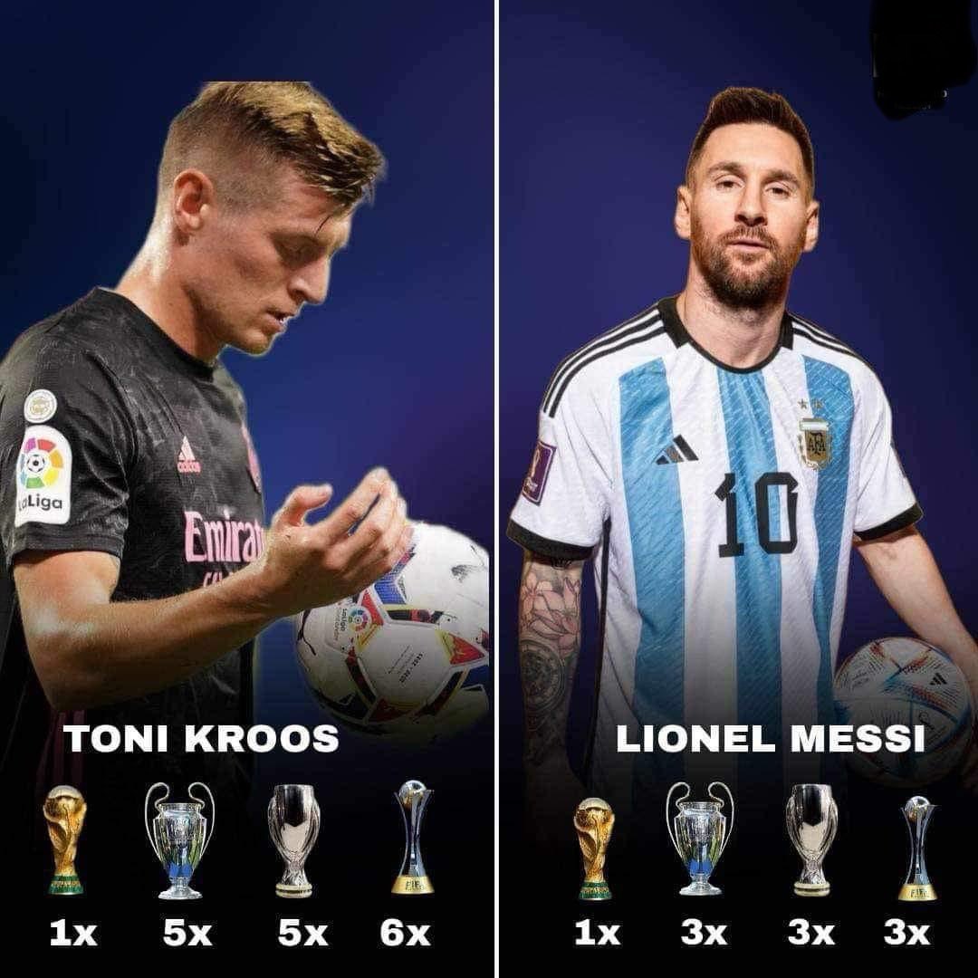 If Lionel Messi is better than Cristiano Ronaldo for having a World Cup, then Toni Kroos is far better than Messi. 
Arguably Toni Kroos is better than Messi. Messi is mid.