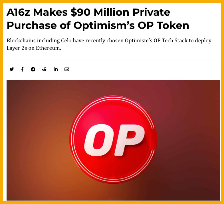 A16z quỹ crypto top 1 quyết định mua private 90 triệu USD token $OP!

Số token này sẽ bị lock trong 2 năm

Như mình đã nói với anh em trước đó hiện tại ở thị trường đầu tư rót vốn các vòng sơ cấp đang diễn ra rất sôi nổi các VC đang tranh nhau rót tiền vào