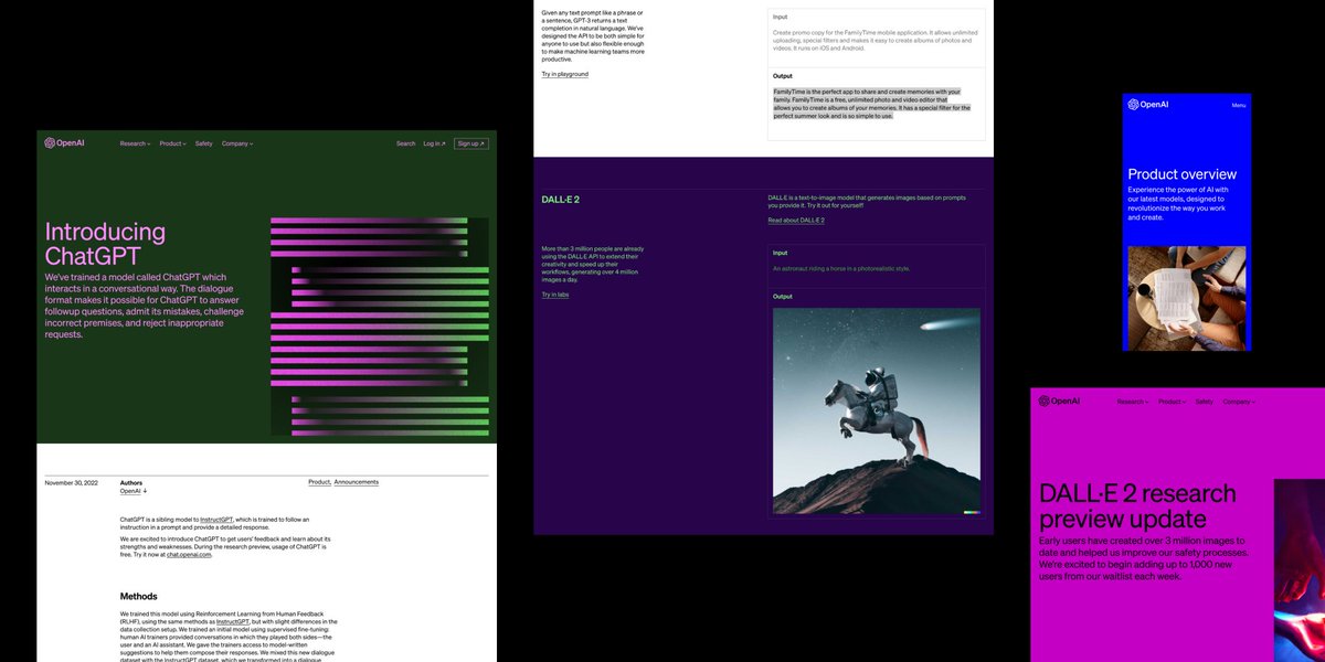 New @OpenAI site is nice and tidy (link below), but... the previous one built by @AREA_17_ was absolutely iconic to me. The color combinations, strong type, and robust sections made it feel so alive (and human). One of my faves to visit.

Now there's just... so many carousels lol