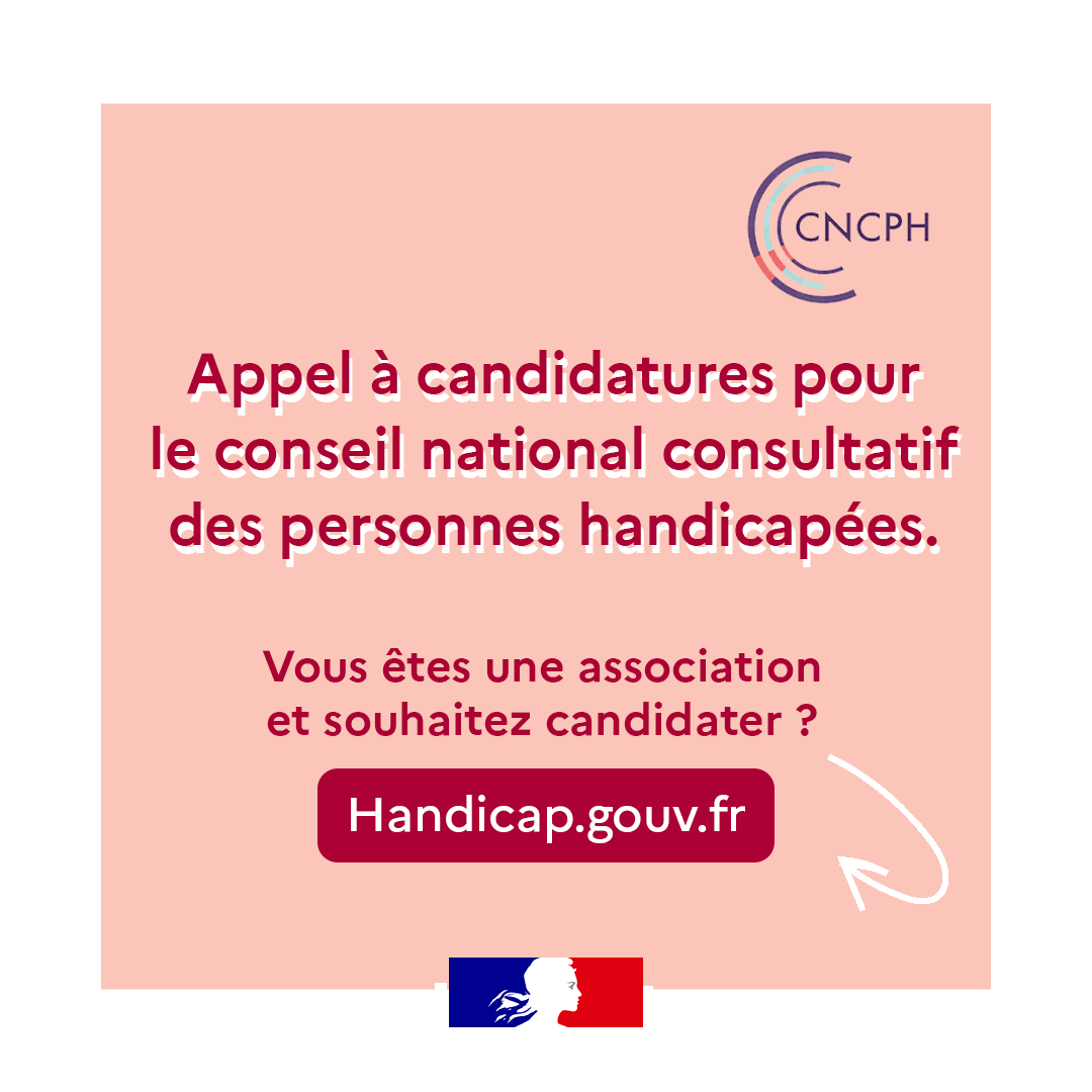 #CNCPH | 📢 Vous êtes une association qui agit et travaille sur les droits des personnes en situation de #handicap et souhaitez participer aux travaux du Conseil national consultatif des personnes handicapées ? 📅 Candidatez jusqu'au 15 mai sur ➡ swll.to/W7wSWrc