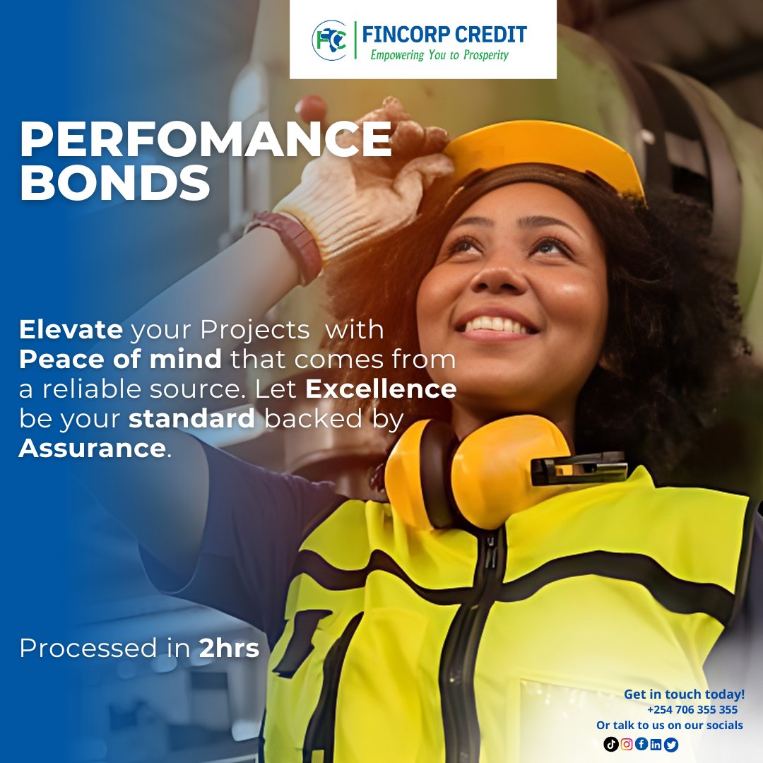 Elevate your Projects with Peace of mind that comes from a reliable source. Let excellence be your standard backed by assurance with our Reliable Performance bonds.
For more info visit:fincorpcredit.co.ke
#Tradefinance
#chapakazibilastress #fastandflexiblefoods
#fincorpcredit