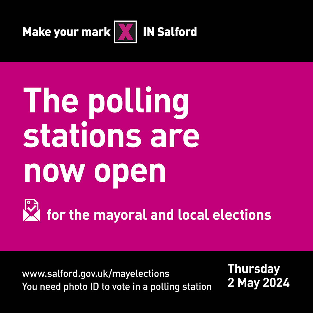 Good morning Salfordians, the polls are open , don’t forget to vote. Remember you now need photo ID to vote at a polling station #LocalElection #GMElects