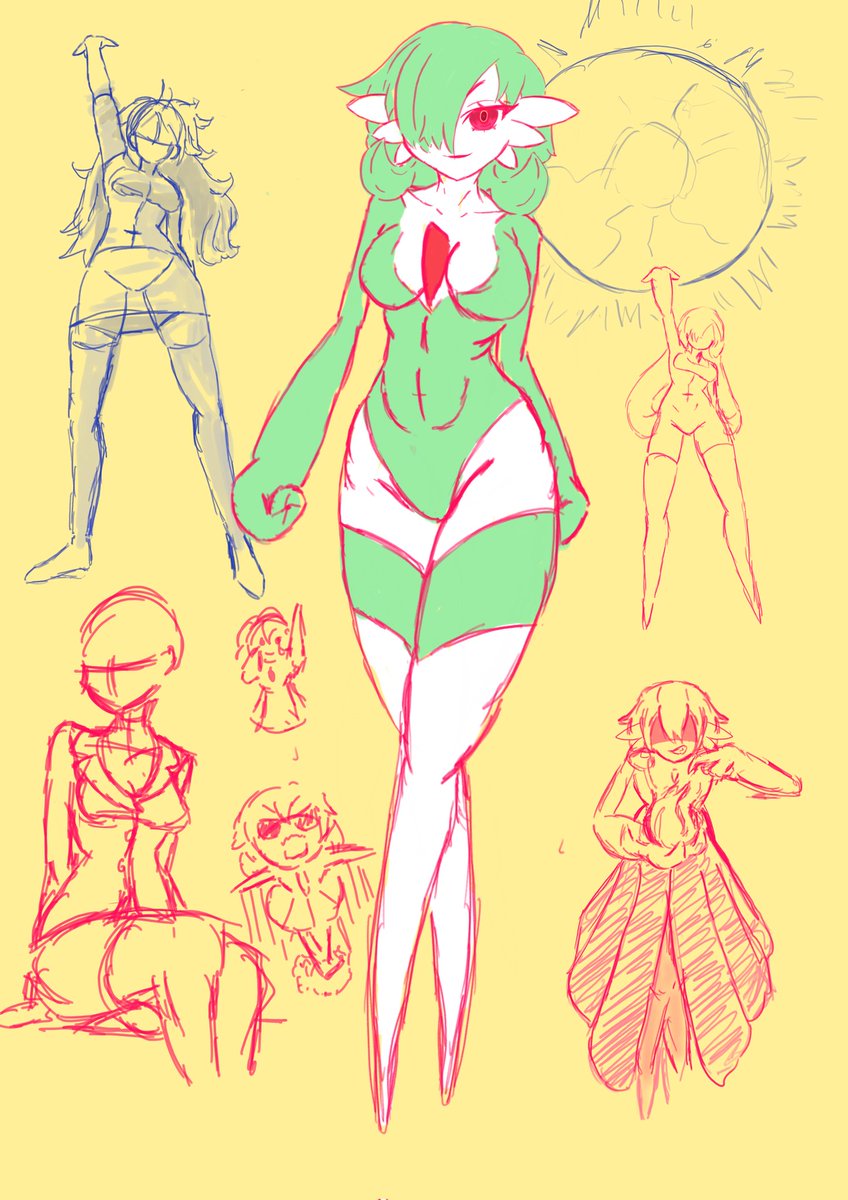 I've been busy :c but I got in some sketch, most of it is rough ish sketches of #Gardevoir 
one of them I was looked at android 21 from DBFZ to get the pose since I thought it was cool and made me think of Gardevoir using a big shadow ball. ^^'
#roughsketch #Pokemon #digitalart