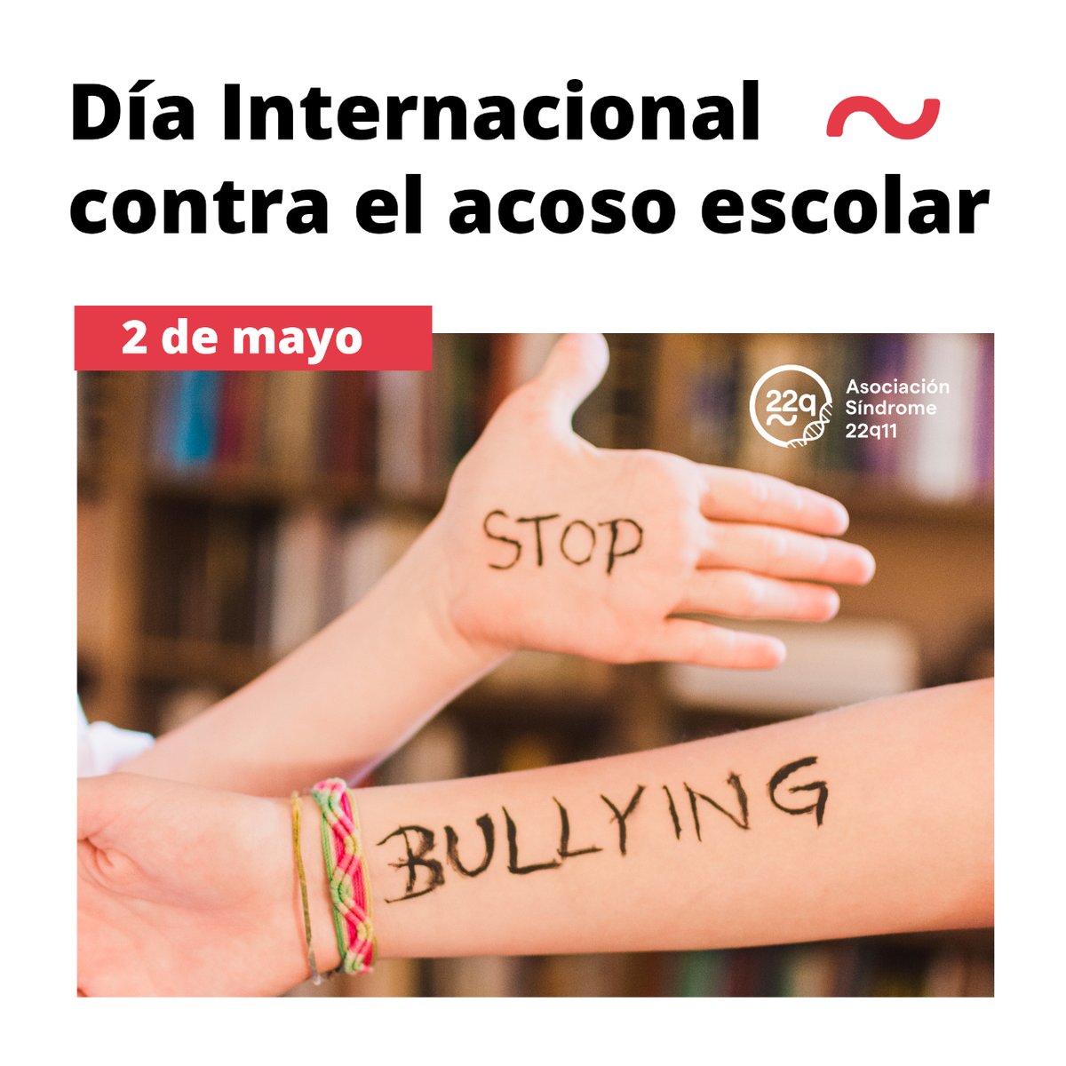 Hoy, 2 de mayo, es el 𝐃𝐢́𝐚 𝐈𝐧𝐭𝐞𝐫𝐧𝐚𝐜𝐢𝐨𝐧𝐚𝐥 𝐜𝐨𝐧𝐭𝐫𝐚 𝐞𝐥 𝐚𝐜𝐨𝐬𝐨 𝐞𝐬𝐜𝐨𝐥𝐚𝐫 🚫 Juntos, podemos crear conciencia, educar y trabajar para poner fin al acoso escolar en todas sus formas ✋ #hazvisible22q11 #stopbullying #22qenlasaulas #22q11 #acosoescolar