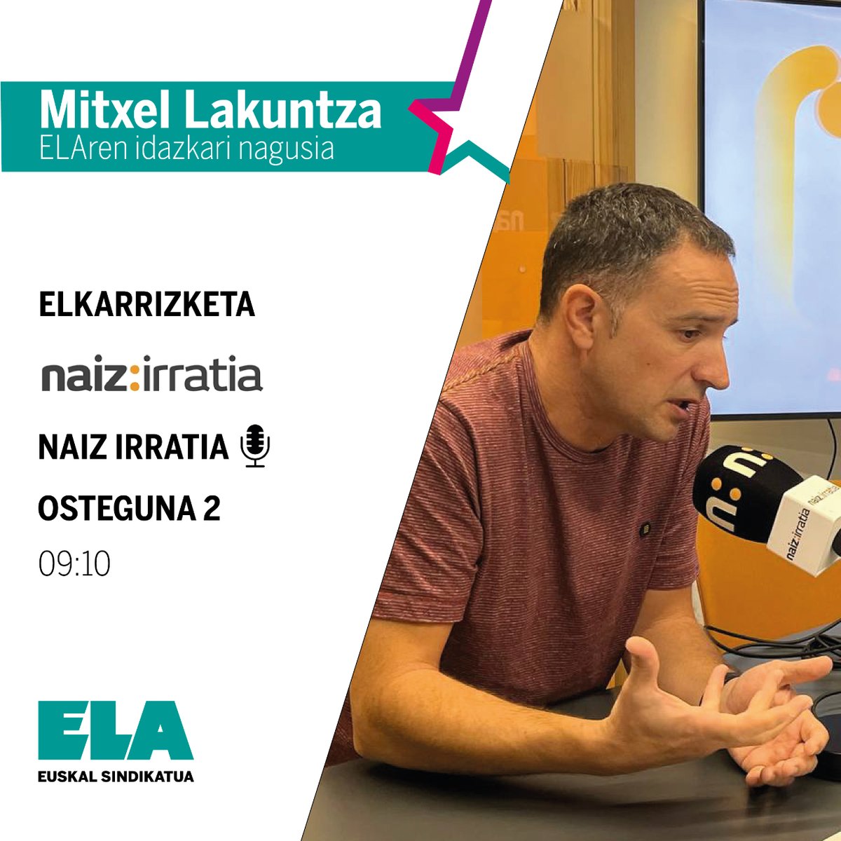 Maiatzaren Leheneko biharamunean, laster elkarrizketatuko dute ELAren idazkari nagusi den Mitxel Lakuntza (@lakuntzamitxel) @NAIZirratia|n 🎧Entzun zuzenean irratia.naiz.eus/eu