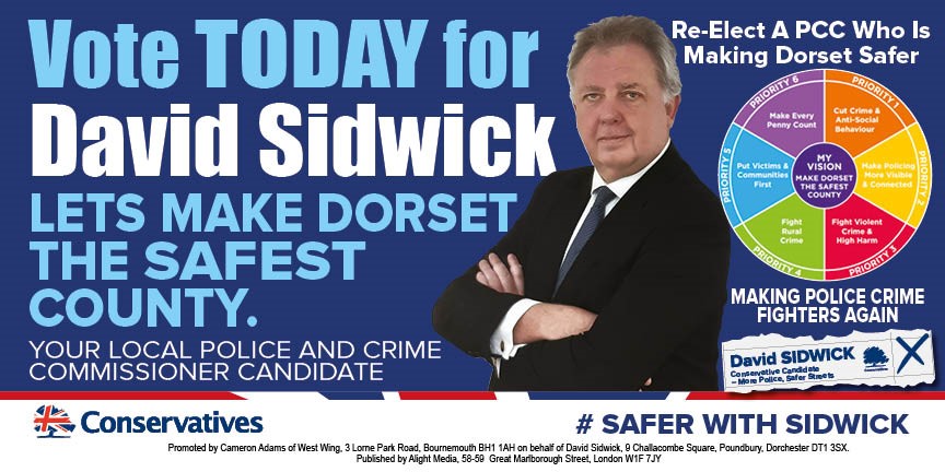 Today is a choice for the people of Dorset. Vote for my plan based on a 1000 days of asking your views - a plan that is cutting crime and ASB and has taken us from 10th - 7th area and making the police crime fighters - vote David Sidwick today for crimefighting