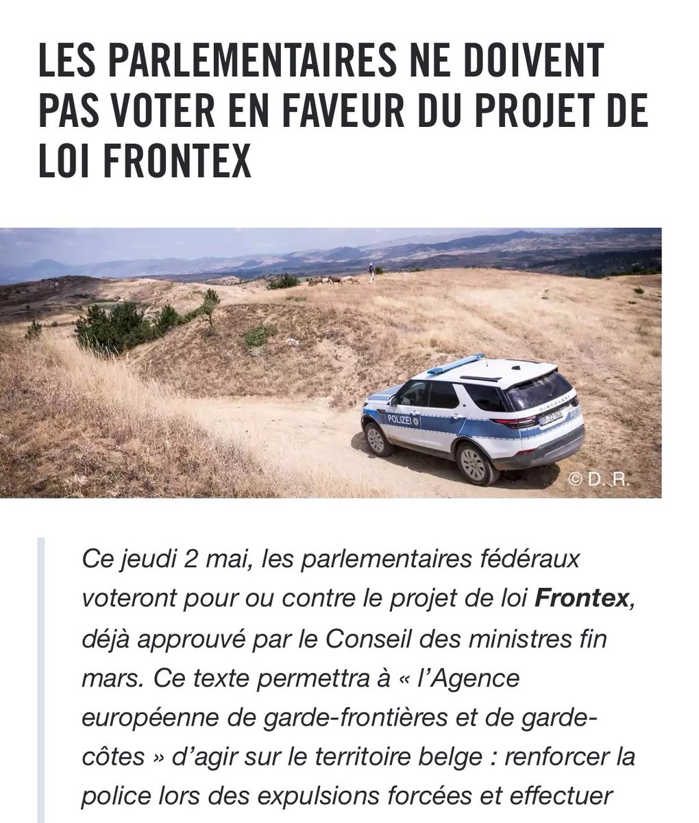 C’est AUJOURD’HUI !!! @amnestybe ainsi que d’autres organisations demandent aux parlementaires de ne pas voter la loi autorisant #frontex à intervenir en Belgique. ‼️