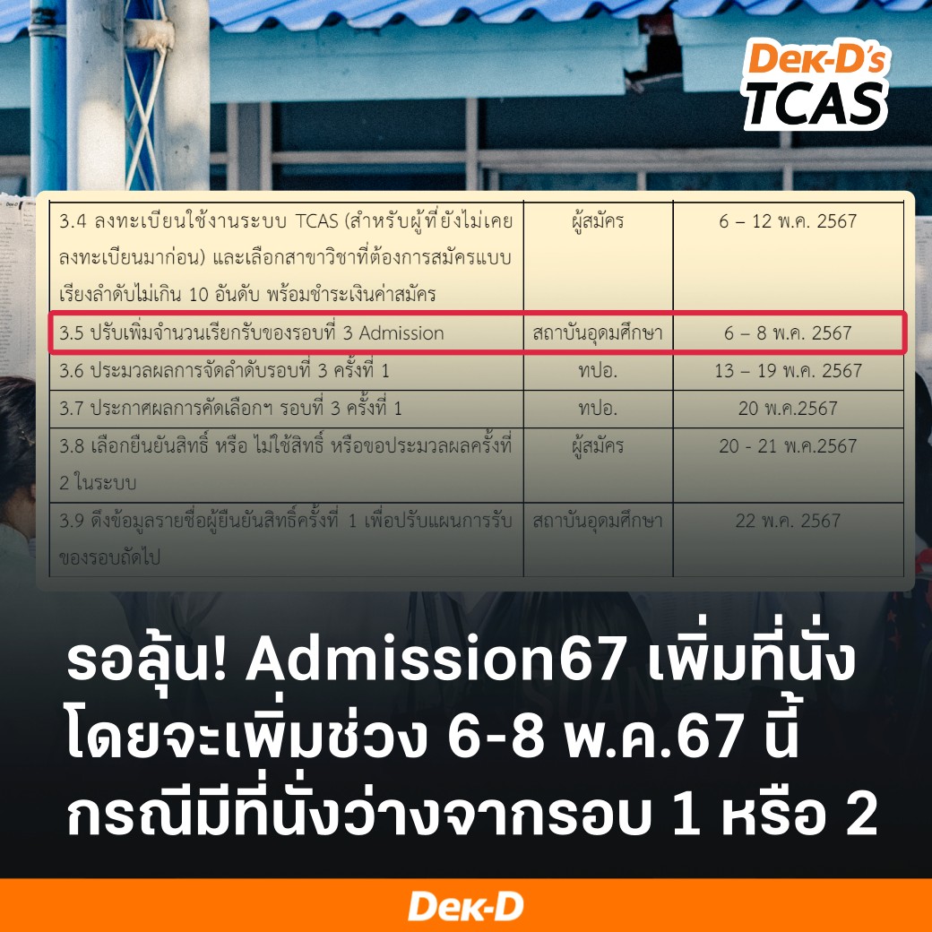 lataedekd's tweet photo. ล่าสุด! พบในกำหนดการ #TCAS67 ระบุรอบ Admission จะมีเพิ่มที่นั่งในช่วง 6-8 พ.ค.67 นี้ กรณีที่มียอดที่นั่งว่างจากรอบ 1 หรือ 2
.
ปล.2-4 พ.ค.มีเปิดให้ยืนยันรอบ 2, สละรอบ 1 คาดว่าช่วง 5 พ.ค.แต่ละมหาวิทยาลัยจะทราบยอดที่นั่งว่าง และนำมารับเพิ่มในรอบ Admission ช่วง 6-8 พ.ค.ครับ #dek67 https://t.co/vRu939IfZy