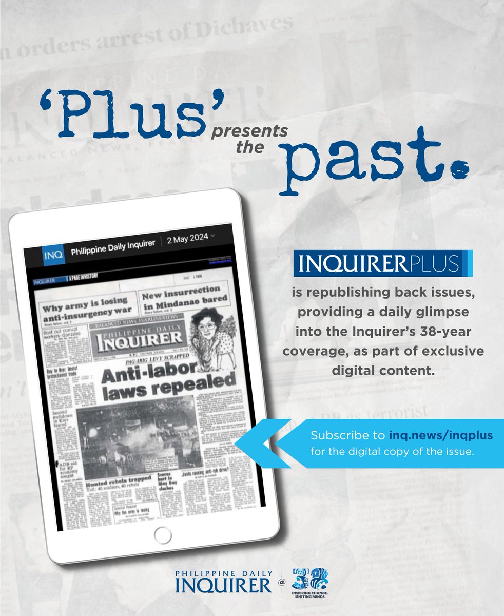 Here is #PlusPresentsThePast for May 2, 2024.

Subscribe to inq.news/inqplus for a daily dose of history with 'A Page In History', representing 38 years of Inquirer's coverage.

#APageInHistory #INQPlus #PhilippineDailyInquirer