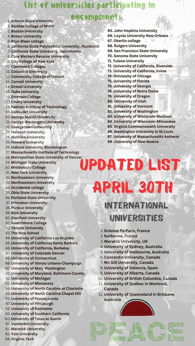 #GazaSolidarityEncampment - latest university list as of 30-apr-2024 ...

#GazaGenocide2024 #GazaGenocide #GazaHolocaust一粒万倍日 #IsraeliWarCrimes #IsraeliNewNazism #IsraelApartheidState #Israeli_bombing #IsraelHamasWar