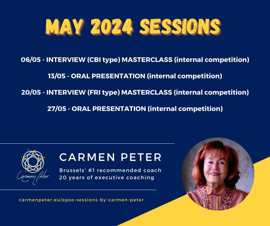 📯MAY 2024 MASTERCLASSES (EC internal competition)
Register on my website 👉 buff.ly/3ZyBnfC

06/05 - INTERVIEW (CBI type)
13/05 - ORAL PRESENTATION
20/05 - INTERVIEW (FRI type)
27/05 - ORAL PRESENTATION

#internalcompetition #eucarreer #eujobs #carmenpeter #epsocoach