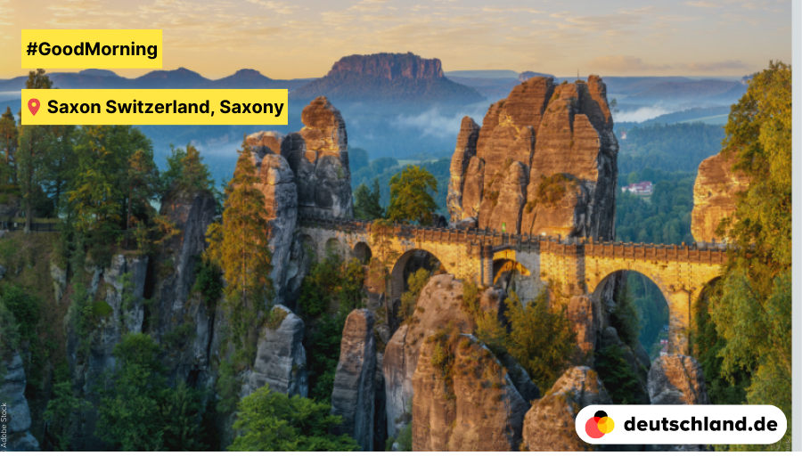 🌅 #GoodMorning from Saxon Switzerland, Saxony! ⛰️ The famous rock formation #Bastei is a popular destination in Eastern Germany. 🌳 There is no other point in the German national parks with such a high density of visitors. #PictureOfTheDay #Germany @saechs_schweiz