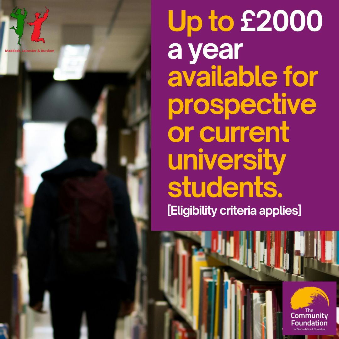 The Maddock, Leicester & Burslem Fund is for students who live, or who have a parent that lives, in Stoke-on-Trent and Newcastle-under-Lyme. For the full eligibility criteria, visit our website [link in bio]. #StokeOnTrentStudents #NewcastleUnderLyme #StokeOnTrent