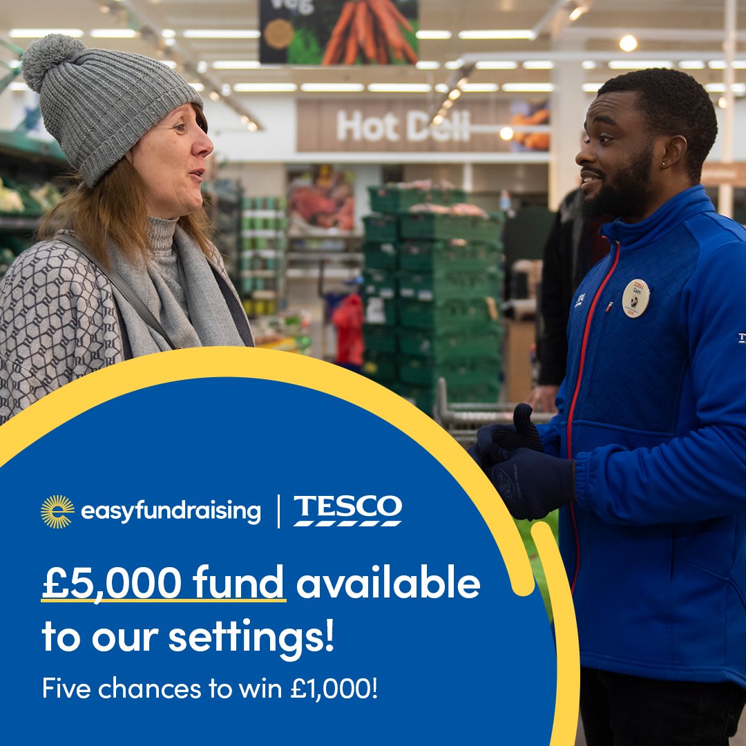 Win £1,000 this May thanks to @Tesco & @easyuk! To enter your setting: 1. Sign your setting up to easyfundraising. 2. Tell your setting's community to shop online at Tesco. Every shop will give you an entry into the prize draw. Get started now: efraising.org/bJmPErfbnf