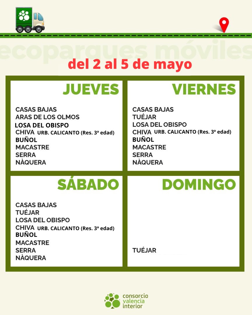 🚛 De jueves a domingo, #ecoparques móviles en • J-V-S→ #CasasBajas, #Chiva, Urb. Calicanto (Res. 3ª edad), #Buñol, #Macastre, #Serra, #Nàquera, , #LosaDelObispo • J→ #ArasdelosOlmos • V-S-D→ #Tuéjar 💚 ¿Reciclas? 😃 ℹ️ consorciovalenciainterior.com/servicios/