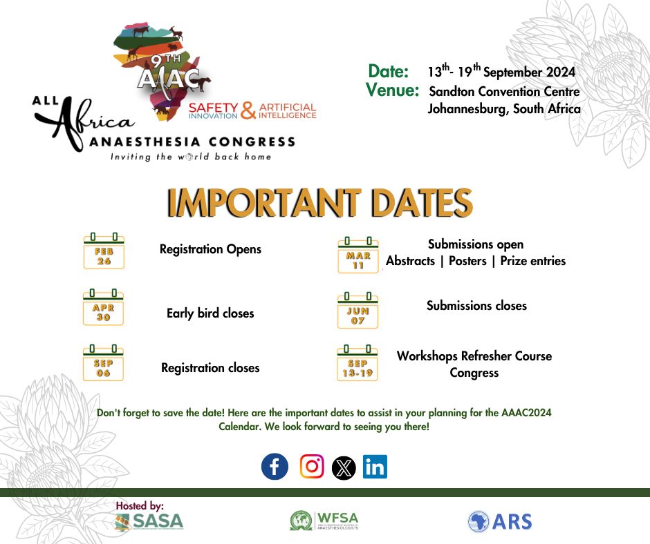 Don't miss out on Africa's premier anaesthesiology event! Secure your spot now at aaac2024.com. Register today and mark your calendars! 
#2024AAAC #medicalcongress #medicallearning #anaestheticcongress #medicalcare #ARS #SASA  #SouthAfrica #savethedate